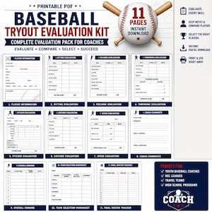 May include: A printable PDF baseball tryout evaluation kit featuring 11 pages of forms for coaches. The document includes sections for player information, hitting, fielding, throwing, pitching, catching, speed, coach comments, ranking, and roster tracking.