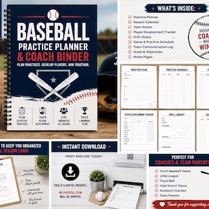 Può includere: Un pianificatore di allenamento di baseball e raccoglitore per allenatori in formato a spirale. La copertina presenta una palla da baseball, mazze incrociate e il testo Baseball Practice Planner & Coach Binder. Include pagine per piani e roster.
