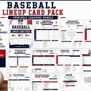Könnte beinhalten: Ein Baseball-Aufstellungs-Kartenpaket als druckbares Coaching-Bundle mit 12 Seiten, darunter ein Defensiv-Positionsdiagramm, ein Schlagreihenfolge-Tracker, ein Auswechsel-Tracker, eine Pitcher-Rotation und Spielberichtsblätter in Rot und Blau.