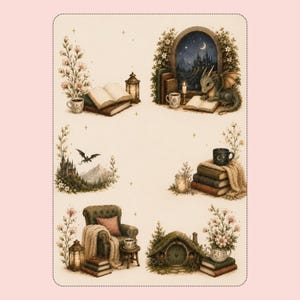 Può includere: Un foglio di adesivi con sei illustrazioni: un libro aperto con una lanterna e fiori, un drago che legge vicino a una finestra, un drago in volo sopra le montagne, una pila di libri con una tazza, una poltrona con una coperta e un piccolo cottage.