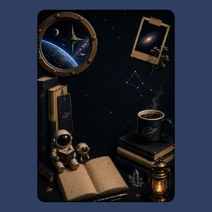 May include: A space-themed desk setup featuring a brass porthole window showing a planet, a stack of dark books, a small astronaut figurine reading a book, an open journal, a mug with a planet graphic, a lit lantern, and a galaxy photo print.