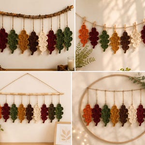 May include: A collection of crochet oak leaves in autumn colors including orange, dark red, forest green, mustard yellow, brown, and cream. The leaves are displayed hanging from various supports such as a natural branch, twine, and a wooden hoop.