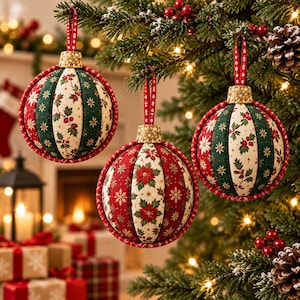 May include: Three spherical fabric Christmas ornaments featuring alternating panels of red and green fabric with holly, poinsettia, and snowflake patterns. Each ornament has a gold textured cap and a red patterned ribbon loop for hanging.