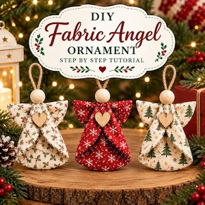 May include: Three fabric angel ornaments with wooden bead heads and small wooden hearts on their chests. The left and right angels feature cream fabric with holly and tree patterns, while the center angel is red with white snowflakes. Text reads: DIY Fabric Angel ORNAMENT STEP BY STEP TUTORIAL.