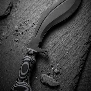 Könnte beinhalten: Ein mattschwarzes Kukri-Messer mit einer geschwungenen Klinge, einer markanten Rückenrille und einem Fingerschutz. Der Griff besteht aus geschichtetem, schwarz-grau gestreiftem Material und weist eine konturierte Form sowie ein ausgestelltes Ende auf.