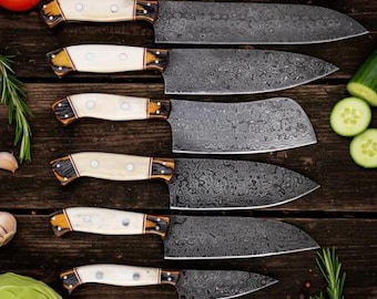 Custom Kitchen Knives with Bone Handle & Leather Roll Bag, Personalized Gift for Him, BBQ Chef Set