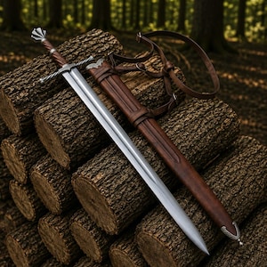 May include: A steel sword with a twisted brown grip, a silver crossguard, and a pommel. The sword is accompanied by a brown leather scabbard featuring silver metal accents at the throat and tip, along with an attached brown leather carrying strap.