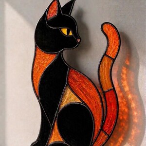 Black Cat Stained Glass Suncatcher Pattern | Orange, Golden Eye, Witchy Decor (Digital Download)
