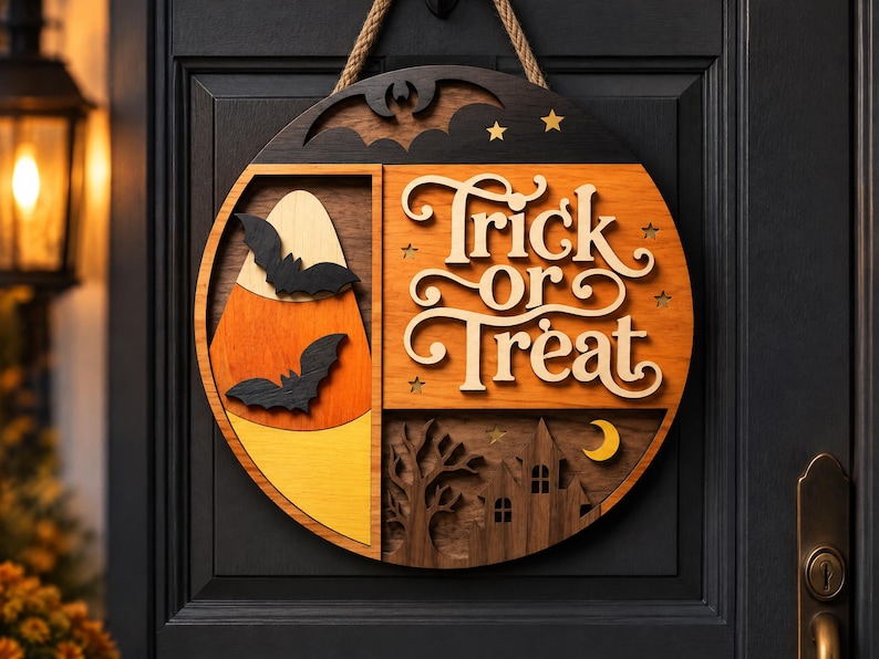 Layered Wood Trick or Treat Door Sign | Halloween Laser Cut File (SVG, DXF)