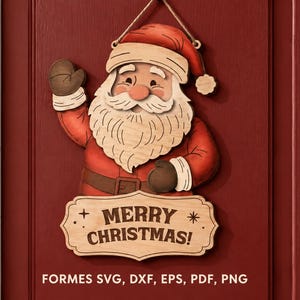 Peut inclure: Une décoration murale en bois superposé représentant un Père Noël qui fait signe de la main, vêtu d'un costume et d'un bonnet rouges avec une barbe blanche. Sous la figure, une plaque porte l'inscription MERRY CHRISTMAS! avec des étoiles.