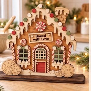 Op de afbeelding: Een houten peperkoekhuisje als decoratie met een bordje met de tekst Baked with Love. Het huisje is versierd met rode en groene ronde accenten, zuurstokranden en koekjesvormen, geplaatst op een donkere houten voet.