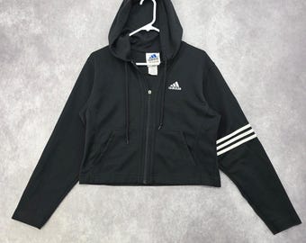 Vintage Adidas Black Cropped Full Zip Track Jacket Hoodie Womens  M Three Stripe
