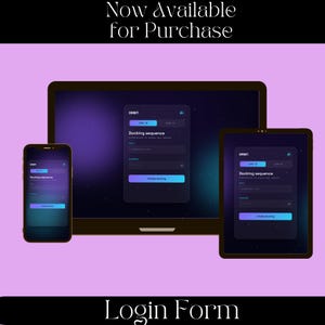 May include: A digital display showing a login form titled Docking sequence on a smartphone, laptop, and tablet. The interface features a dark theme with blue accents, email and password fields, and a button labelled initiate docking. Text reads Now Available for Purchase and Login Form.