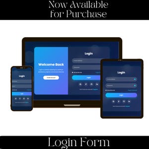 Könnte beinhalten: Ein digitales Interface-Design mit einem Anmeldeformular auf einem Laptop, einem Tablet und einem Smartphone. Die Bildschirme zeigen ein dunkelblaues Design mit einem blauen Verlaufsfeld, Texten wie "Welcome Back" und "Login", Eingabefeldern und Icons.
