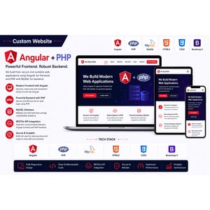 May include: A digital marketing graphic for custom website development services featuring Angular and PHP technology. The layout displays a laptop, tablet, and smartphone showing a web interface, alongside icons for HTML5, CSS3, Bootstrap 5, and MySQL.