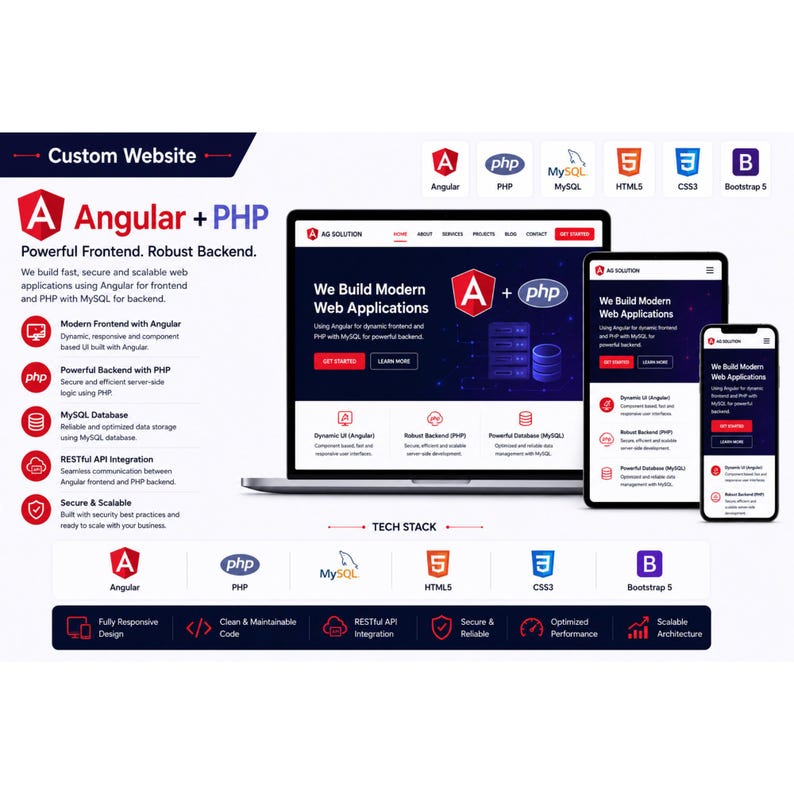 May include: A digital marketing graphic for custom website development services featuring Angular and PHP technology. The layout displays a laptop, tablet, and smartphone showing a web interface, alongside icons for HTML5, CSS3, Bootstrap 5, and MySQL.