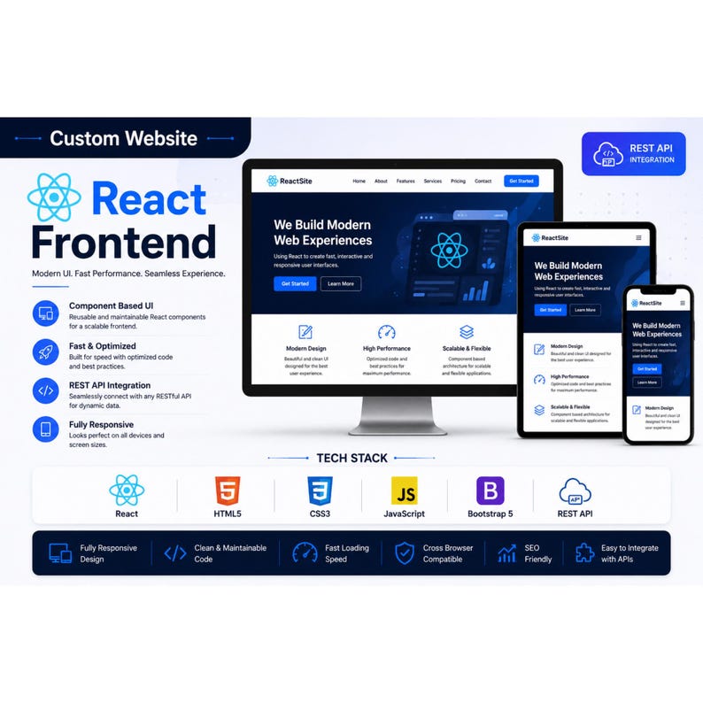May include: A digital display showcasing a React frontend custom website service. The graphic features a desktop monitor, tablet, and smartphone displaying a responsive web interface, alongside a tech stack list including React, HTML5, CSS3, JavaScript, Bootstrap 5, and REST API icons.