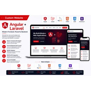 Puede incluir: Una pantalla digital que muestra un servicio de desarrollo de sitios web personalizados con Angular y Laravel. El gráfico presenta una computadora portátil, una tableta y un teléfono inteligente con interfaces de aplicaciones web e iconos de MySQL, HTML5, CSS3 y Bootstrap 5.