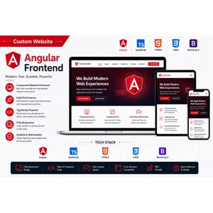 Peut inclure: Un affichage num&eacute;rique pr&eacute;sentant des services de d&eacute;veloppement web frontend Angular. Le graphique montre un ordinateur portable, une tablette et un smartphone avec le texte We Build Modern Web Experiences, ainsi que des ic&ocirc;nes Angular, TypeScript, HTML5, CSS3 et Bootstrap 5.