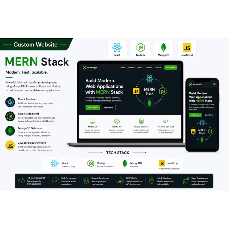 May include: A digital display showing MERN stack web development services on a laptop and smartphone screen. The layout features text, icons for React, Node.js, MongoDB, and JavaScript, and a dark theme interface with green accents for software.