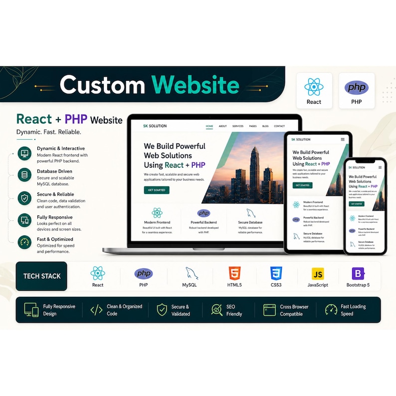 May include: A digital marketing graphic for custom website development services using React and PHP. It displays a laptop, tablet, and smartphone showing a website interface, alongside a tech stack list including MySQL, HTML5, CSS3, JavaScript, and Bootstrap 5.
