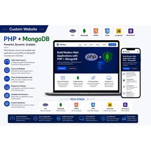 Puede incluir: Un gráfico de marketing digital para el desarrollo de sitios web personalizados con PHP y MongoDB. Muestra una computadora portátil y un teléfono inteligente con una interfaz web, rodeados de iconos de HTML5, CSS3, JavaScript y Bootstrap 5.
