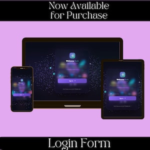 Könnte beinhalten: Eine digitale Anzeige mit einem Anmeldeformular auf Smartphone, Laptop und Tablet. Die Benutzeroberfläche zeigt einen dunklen Hintergrund mit leuchtenden violetten und blauen Bokeh-Lichtern, den Text "Welcome Back" und einen "Sign In"-Button vor hellviolettem Hintergrund.