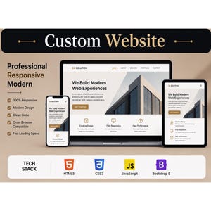 May include: A digital display showing a custom website design on a laptop, tablet, and smartphone. The screen features the text SK SOLUTION, We Build Modern Web Experiences, and lists features like 100% Responsive and Clean Code. A tech stack section displays HTML5, CSS3, JavaScript, and Bootstrap 5 logos.