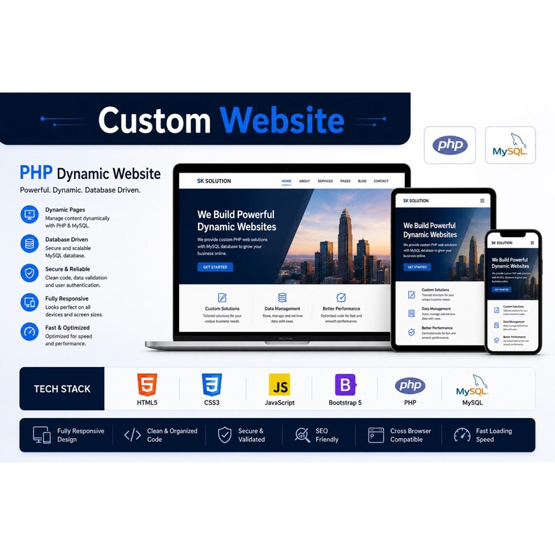 K&ouml;nnte beinhalten: Eine digitale Marketinggrafik f&uuml;r benutzerdefinierte dynamische PHP-Websites mit Laptop, Tablet und Smartphone, die eine Website-Oberfl&auml;che anzeigen. Das Design enth&auml;lt Text, Symbole und einen Tech-Stack-Bereich mit HTML5-, CSS3-, JavaScript-, Bootstrap 5-, PHP- und MySQL-Logos.