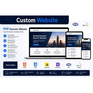 K&ouml;nnte beinhalten: Eine digitale Marketinggrafik f&uuml;r benutzerdefinierte dynamische PHP-Websites mit Laptop, Tablet und Smartphone, die eine Website-Oberfl&auml;che anzeigen. Das Design enth&auml;lt Text, Symbole und einen Tech-Stack-Bereich mit HTML5-, CSS3-, JavaScript-, Bootstrap 5-, PHP- und MySQL-Logos.