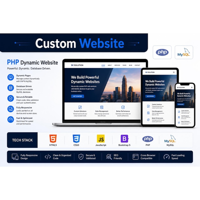 K&ouml;nnte beinhalten: Eine digitale Marketinggrafik f&uuml;r benutzerdefinierte dynamische PHP-Websites mit Laptop, Tablet und Smartphone, die eine Website-Oberfl&auml;che anzeigen. Das Design enth&auml;lt Text, Symbole und einen Tech-Stack-Bereich mit HTML5-, CSS3-, JavaScript-, Bootstrap 5-, PHP- und MySQL-Logos.