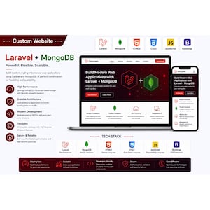 May include: A digital marketing graphic for custom website development using Laravel and MongoDB. It displays a laptop and smartphone showing a web interface, alongside tech stack icons for HTML5, CSS3, JavaScript, and Bootstrap with descriptive text.