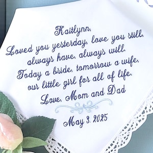 Embroidered Custom Personalized Wedding Handkerchief Gift for Daughter: Bridal Keepsake