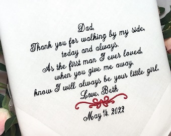 Father of the Bride Gift - Wedding Handkerchief for Dad - WFM - embroidered, Personalized Wedding Handkerchief for dad from daughter