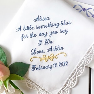 Something Blue custom Wedding Handkerchief: Monogrammed Bridal Gift with Note Card