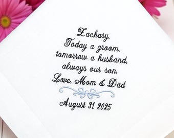 Embroidered Wedding Handkerchief Gift for Son: Groom Keepsake