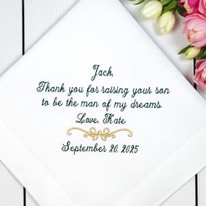 To my Father in Law on my Wedding Day, Personalized Mens handkerchief, thank you for raising the man of my dreams, Father of Groom Gift