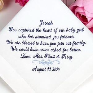 Embroidered Custom Personalized Wedding Handkerchief Gift: To Groom from In-Laws