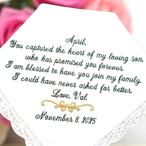Embroidered Personalized Custom Wedding Handkerchief Gift: Mother to Daughter-in-Law Keepsake