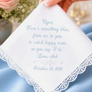 Embroidered Monogrammed Custom Wedding Handkerchief: Personalized Something Blue Gift for Bride