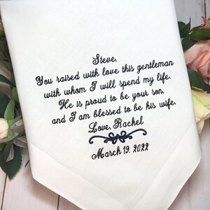 Father of the Groom Gift from Bride. Men's Cotton Handkerchief with the following message:
You raised with love this gentleman with whom I will spend my life. He is  proud to be your son, I am blessed to be his wife.