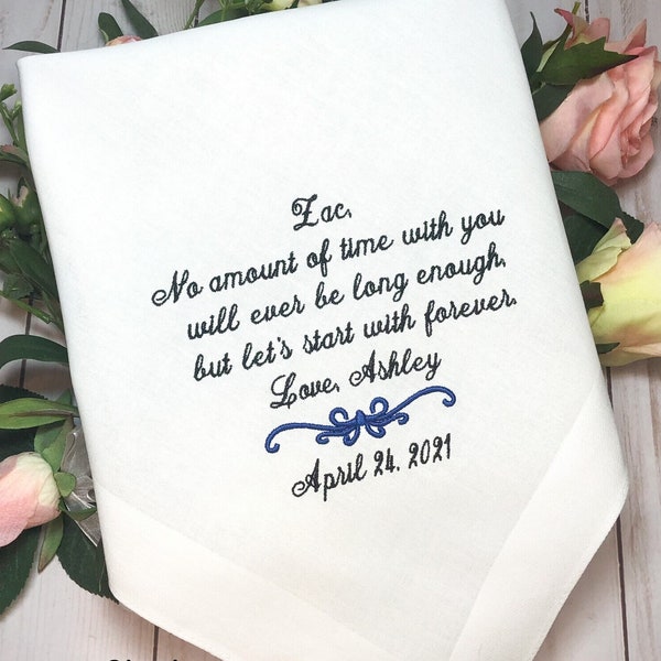Groom Wedding Gift,Gift for Groom from Bride, Embroidered Personalized handkerchief, Let's start with forever, Husband, Fiance, Hankerchief
