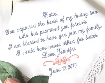 Wedding Gift for daughter in Law for wedding day, blessed to have you join our family,embroidered hanky, gift for bride from mother in law