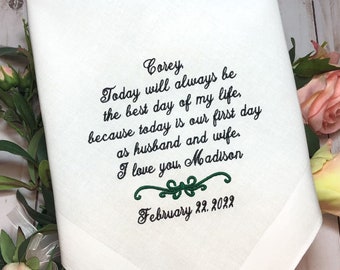 Wedding Handkerchief for Groom from Bride, Gift for Fiance, Husband and Wife, Wedding Keepsake to give to new husband on wedding day