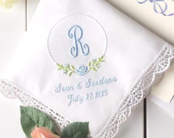 Embroidered White Cotton Handkerchief: Floral Lace, Personalized Monogram