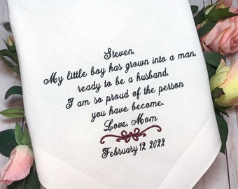 Mother to Son handkerchief  - Wedding Gift For Groom from Mom  -  Wedding Hankerchief for Groom from Mom - Wedding Handkerchief for Son