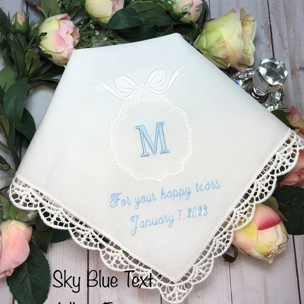 Handkerchief Wedding Personalized, Bride Something Blue Gift, Personalized Monogrammed Handkerchief, Wedding Day Gift for Bride, embroidered