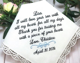 Gift for Mother in Law from Daughter in Law, Handkerchief,I will love your son with all of my heart for all of my days. Groom Mom Gift