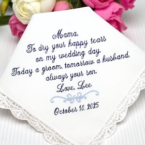 Embroidered Mother of Groom Handkerchief: Custom Personalized Wedding Keepsake from son