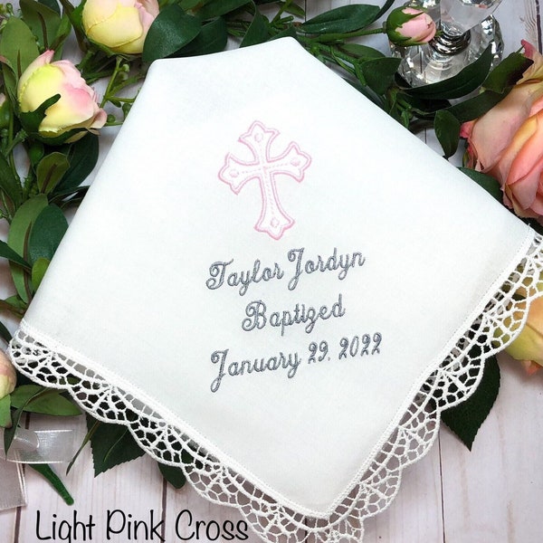 Baptism Gift for Baby Girl - Embroidered Baptism Gift - New Baby Gift - Baptism Handkerchief - Cross - Personalized Christening Gift